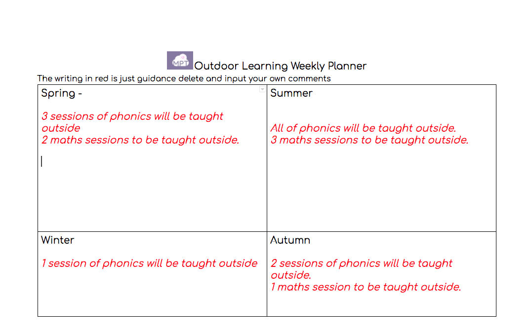Outdoor Learning Weekly Planner